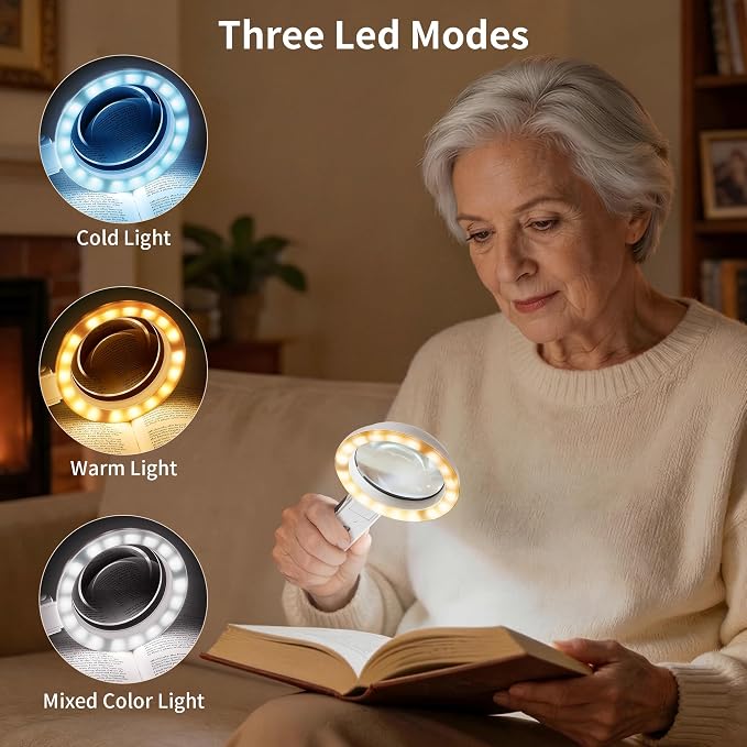 JARLINK Magnifying Glass with Light and Stand, 3 Modes Foldable Magnifier | 3-Mode Illuminated Handheld or Foldable Stand Magnifier. Ideal for Seniors Reading, Close Work, Jewelry, and Coins