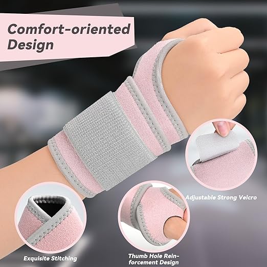 Carpal Tunnel Wrist Brace for Right Left Hand 2 Pairs, Wrist Support Wraps for Women Men, Adjustable Wrist Brace for Tendonitis, Arthritis, Weightlifting, Sports, Day Night Support, Pink&Grey