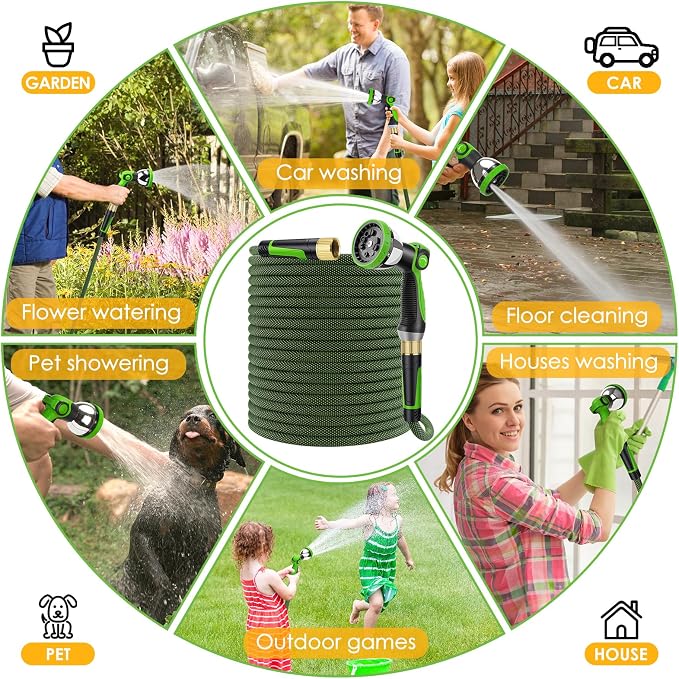 Non-Expandable Garden Hose 75 FT, Lightweight Hose with 10 Function Spray Nozzle, Kink-Free Flexible Water Hose, Durable, Leak-Proof, 360° Swivel Connectors, Portable Storage Strap