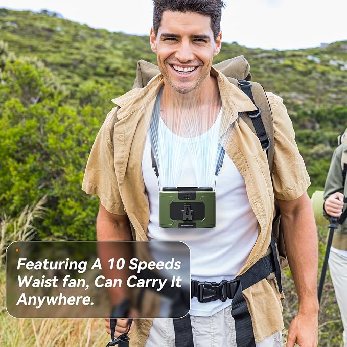 Doublepow 10000mAh Portable Waist Fan, Personal Dual Waist Fan, Clip On Belt Hanging Neck, Dual Motor 20H&10 Speed 16000RPM Strong Airflow, USB Rechargeable Fans, for Outdoor Work Travel(K60-Green)