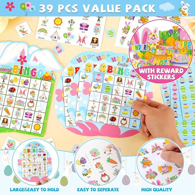 Lonfliness 39Pcs Easter Bingo Game for Adults Kids 24 Players Easter Bunny Egg Shape Bingo Game Cards with Reward Stickers for Family Friends Large Group Activities Happy Easter Spring Party Favors