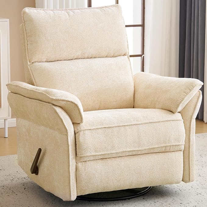 Oversized Recliner Chair, 24" Extra Wide 360° Swivel Rocker Recliner with Adjustable Headrest, Chenille Glider Rocking Nursery Chair with Overstuffed Armrest, Lumbar Support, Beige