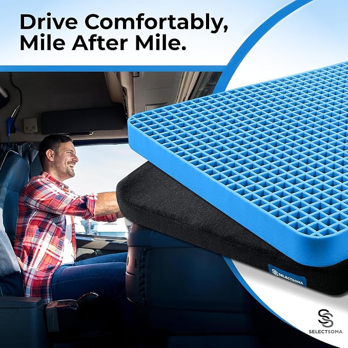 SelectSoma Gel Seat Cushion for Long Sitting, Pressure Relief for Sciatica, Tailbone, Coccyx & Back Pain, Office Chair, Wheelchair, Car & Truck – Travel with Handles Blue Gel