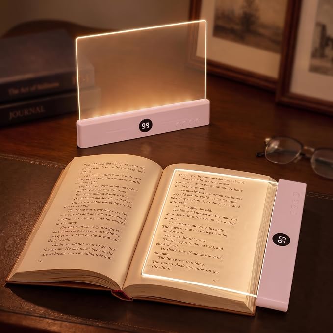 Book Reading Light Flat Screen Smart LED - Full Page Panel Lights for Books Reader in Bed at Night - Rechargeable Portable Dimmable Clear Study Lamp 3 Colors Timer for Bedside Travel (Pink)