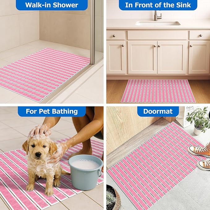 Non Slip Rubber Bathtub & Shower Mat - Fast Drain & Upright Drying Design, Strong Suction Cups, Structured Textured Surface, Low-Maintenance Bathroom Safety Mat, 27 x 16 Inch, Pink, Matace