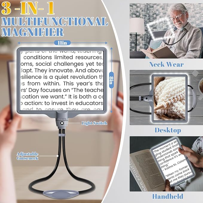 Magnifying Glass with Light Hands Free, Rechargeable Full Page Magnifier | 8" x 11" Extra Large • 106 LEDs • 6 Color Modes • Storage Bag • Ergonomically design • Flexible Gooseneck • Grey