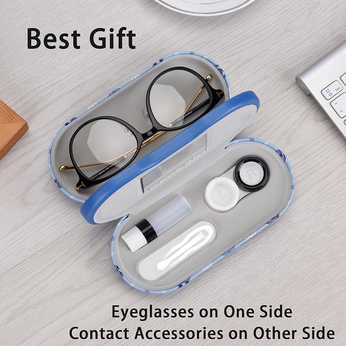 Muf 2 in 1 Contact Lens Case and Glasses Case, Double Sided Design with Mirror, Portable Travel Kit with Tweezer, Remover and Solution Bottle, Blue Plaid