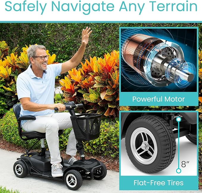 Vive 4 Wheel Mobility Scooter - Electric Powered Wheelchair Device - Compact Heavy Duty Mobile for Travel, Adults, Elderly - Long Range Power Extended Battery with Charger & Basket