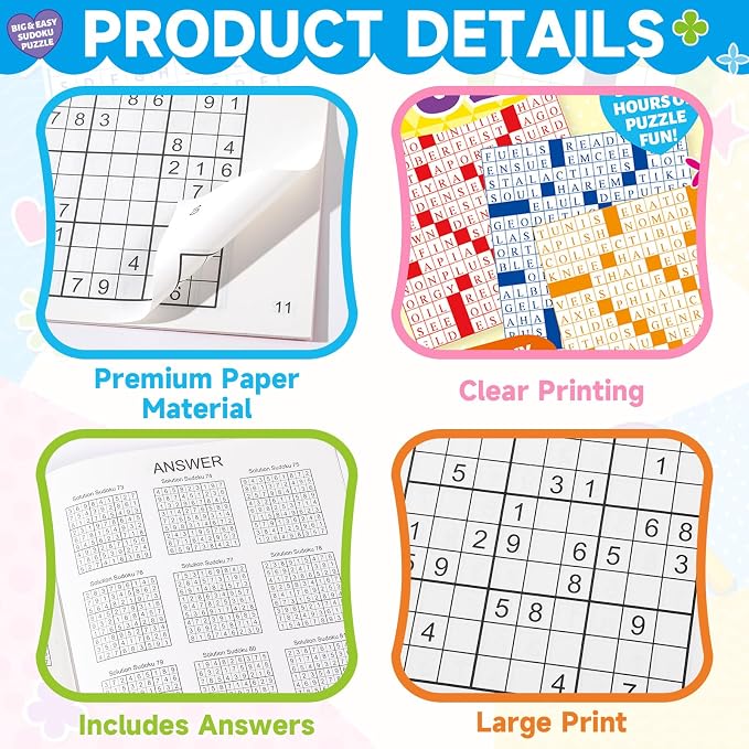 4 Pack Large Sudoku Puzzle Books for Adults Aging Seniors 6.5x9 Inches Word Find Puzzle Books with Large Print Words Activity Book Variety Themes Brain Stimulation Games and Stress Relief