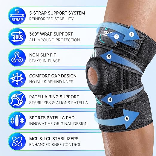 Knee Brace for Men and Women, Adjustable Knee Support with Side Stabilizers, Open Patella 5-Strap 360° Wrap Knee Stabilizer for Meniscus Tear, ACL, MCL, Arthritis & Knee Pain (Black, Medium)