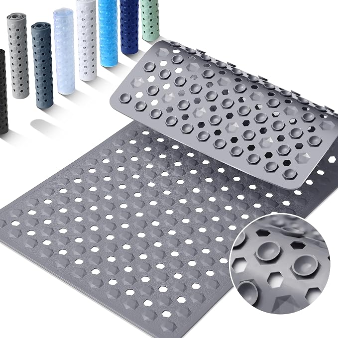 Yimobra Bath Tub Mat Non Slip, 34.5"X15.5" Long Shower Mat, Machine Washable Bathmat with Drain Holes and Suction Cups, Soft on Feet, Bathroom Essentials, Grey