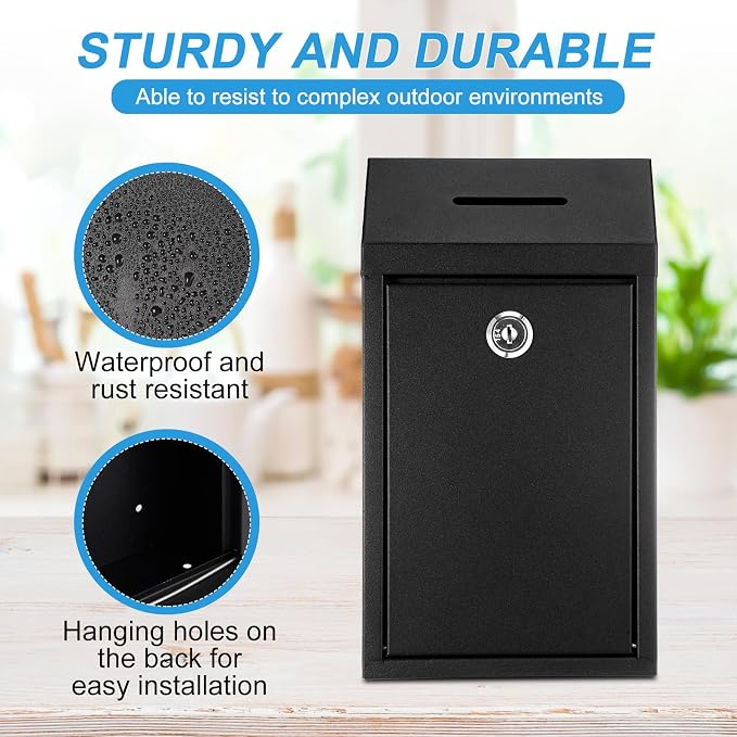 Yaocom Metal Money Box,Black,10.24 x 5.71 x 2.95 Inch,No Lid | Wall Mounted Drop Donation Cash Box for Farm Stand Collection Safe Suggestion Box with Lock Container for Home Office Outdoor