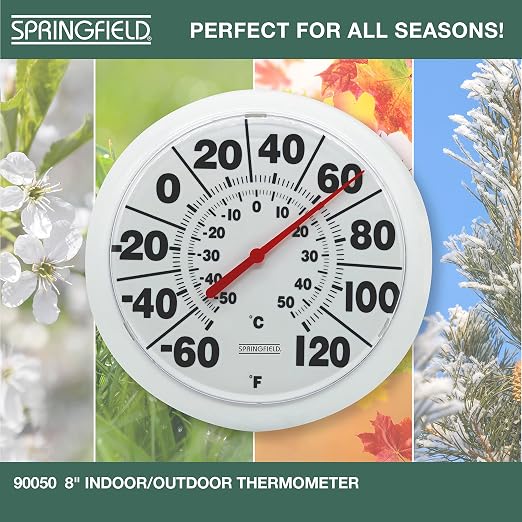 Springfield Indoor Outdoor Big and Bold Dial Thermometer, Wireless Thermometer with Easy to Read Large Numbers for Patio, Pool, and Indoor Areas, 8-Inch, White