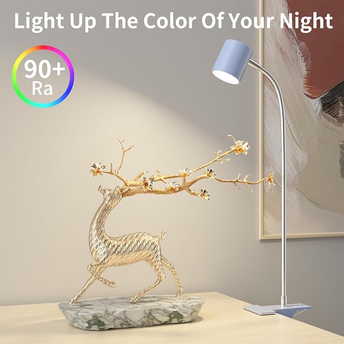 Dott Arts Desk Lamp,USB Clip On Light with 3 Color Modes,LED Reading Lamp | 360° Gooseneck Book Light,Eye-Care Reading Light for Home Office,10 Brightness Headboards Blue