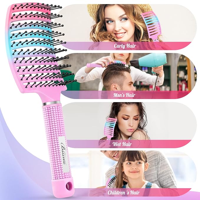 Bsisme Hair Brush, Curved Vented Detangling Brush for Faster Blow Drying | Paddle Styling Brush for Wet & Dry Hair, Flexible Bristles for Women Men Kids with Thick Curly Fine Wavy Straight Hair