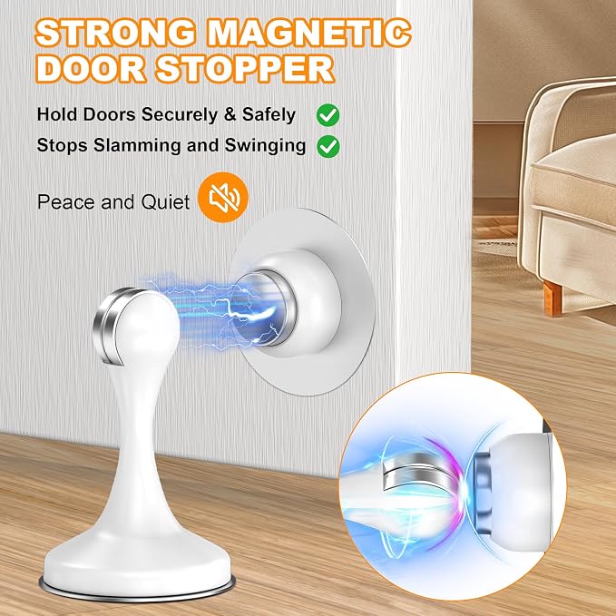 Crosize Magnetic Door Stoppers 2 Pack, Stainless Steel Door Stops for Wall and Floor Mounting, Door Holder Keep Door Open, No Drilling Door Stop with Adhesive Tapes, White