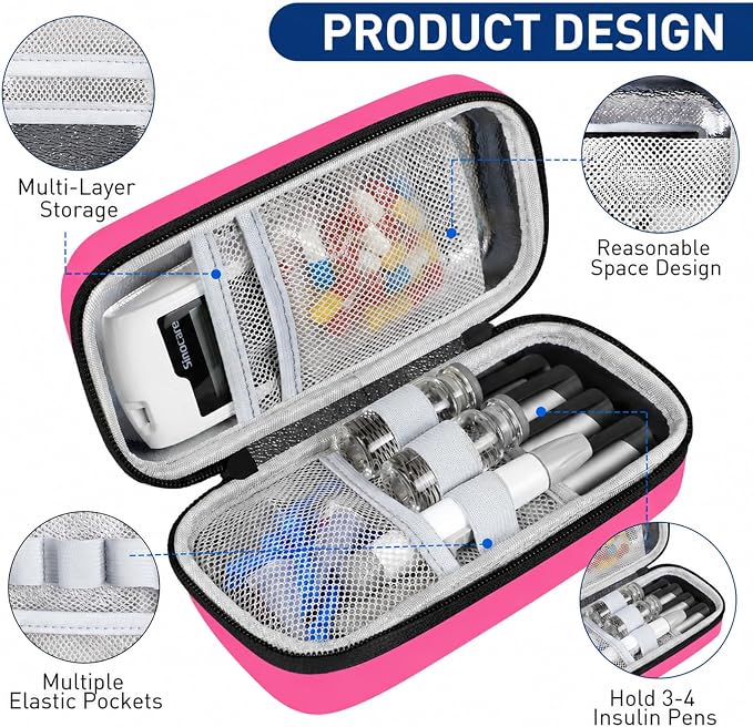 Insulin Cooler Travel Case, Portable Temperature Display Medicine Travel Cooler, Diabetes Case with 2 Reusable Ice Packs TSA Approved for Diabetic Supplies Patent Pending(Pink)