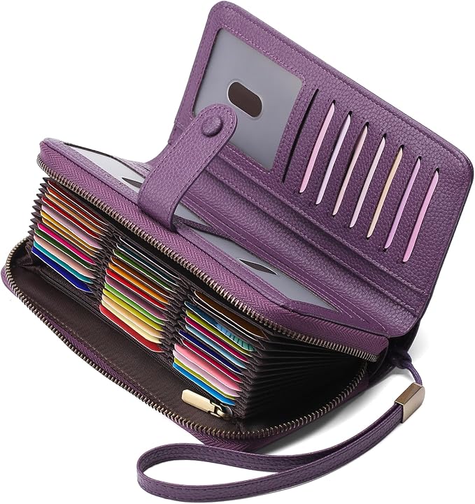 GAEKEAO Leather Credit Card Holder Wallet for Women RFID Blocking Large Capacity Bifold Zipper Card Case Organizer with Wristlet 45 Slots