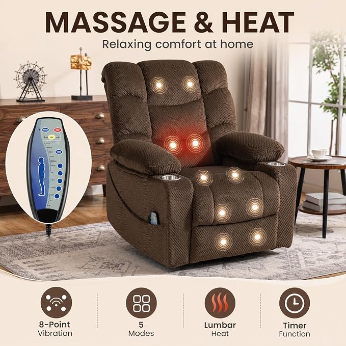 Ultra Wide Power Lift Recliner Chair for Elderly,Rotating Lounge Chair with Hot Massage Heating and Auxiliary Standing Function,Oversized Lazyboy Single Sofa with Cup Holder for Living Room (Brown)