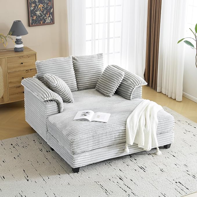 VINGLI 56" Oversized Chaise Lounge Chair, Light Grey Comfy Corduroy Chaise Sofa Recliner Bed Upholstered Sleeper Couch Bed with Throw Pillows and Armrests for Living Room, Movie Room, Bedroom