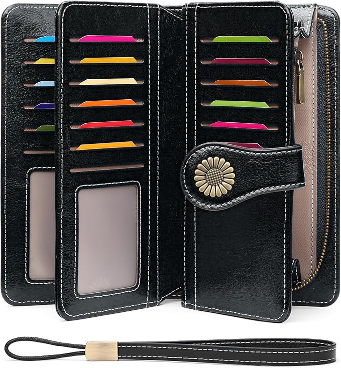 SENDEFN Wallets for Women Leather Credit Card Holder with RFID Blocking Large Capacity Wristlet | with RFID Blocking