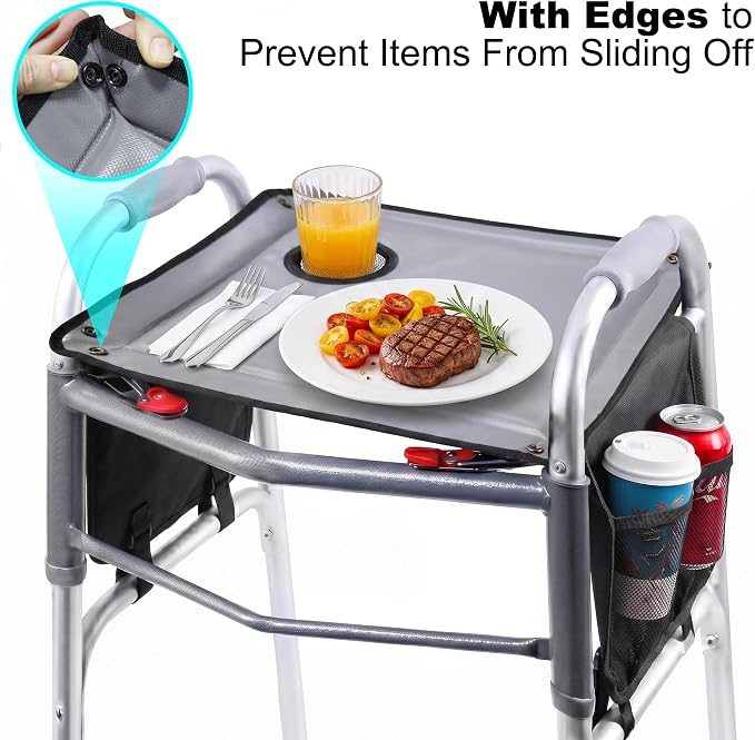 Walker Tray for Folding Walker with Cup Holder, Detachable Tray for Walker, Walker Accessories for Senior with Non-Slip Mat, Universal Fit for Meals, Drinks, Reading,Laptop (Black with Side Pockets)