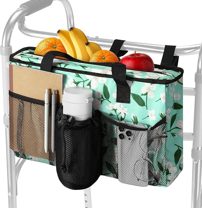 Rhino Valley Walker Bag, Large Capacity Walker Accessories Storage Bag with Multi Pockets & Cup Holder, Walker Basket with 4 pockets for Universal Walkers for Seniors, Green Lily