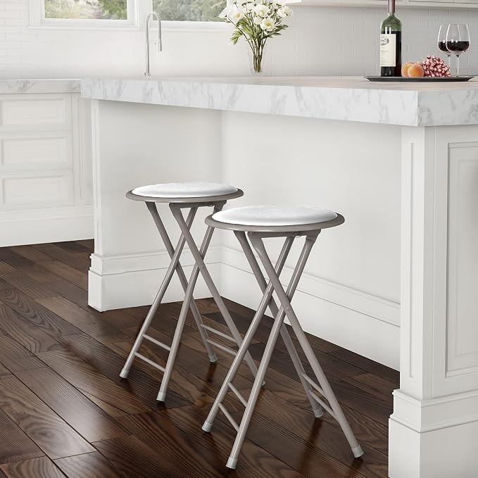 Lavish Home Folding Stool with Padded Backless Seat Set of 2, White, 24” | Counter Height Bar Stools with 225lb Capacity, Portable Indoor & Outdoor, Extra Seat for Kitchen, Rec Room or Camping