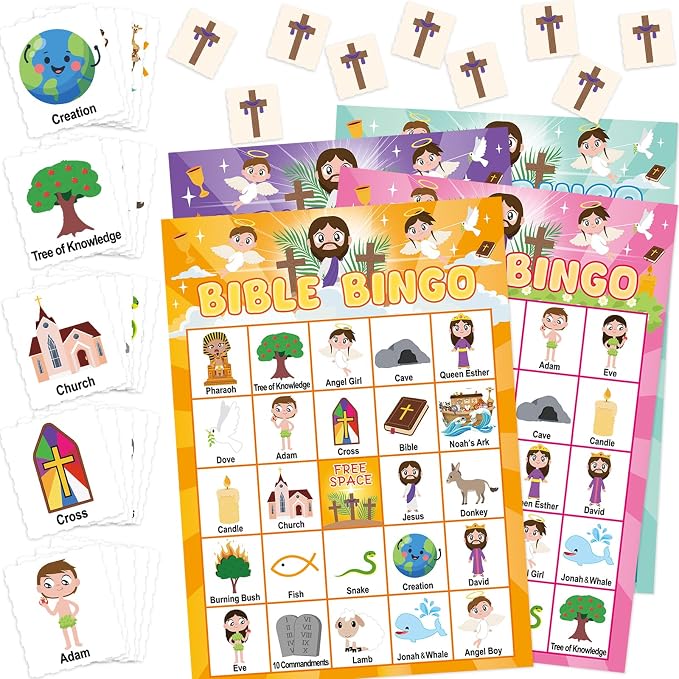 WorldBazaar Bible Bingo Game for Kids 24 Players Jesus Christian Bingo Game Cards Vacation Bible Sunday School Church Family Open Day Classroom Supplies
