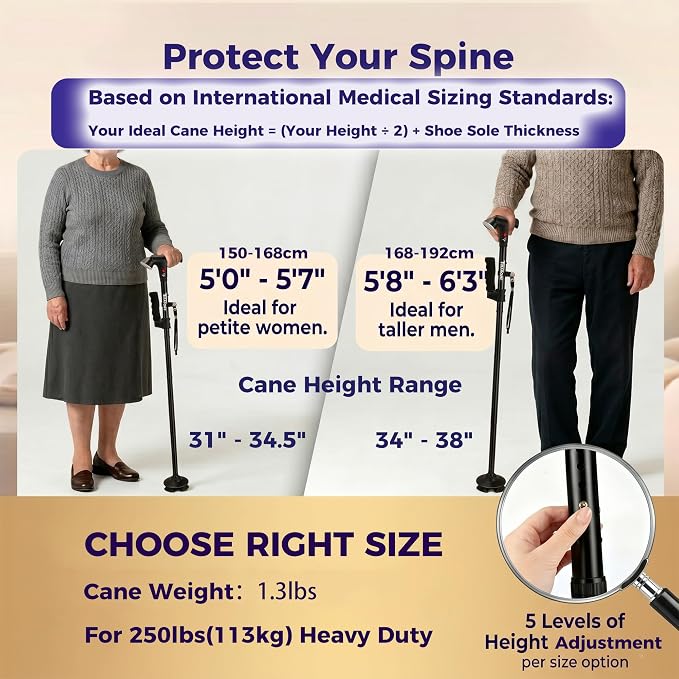 Walking Cane for Men & Women, 3-in-1 Folding Cane with Alarm and Light, Adjustable, Collapsible Walking Stick for Seniors Balance with a Second Handle