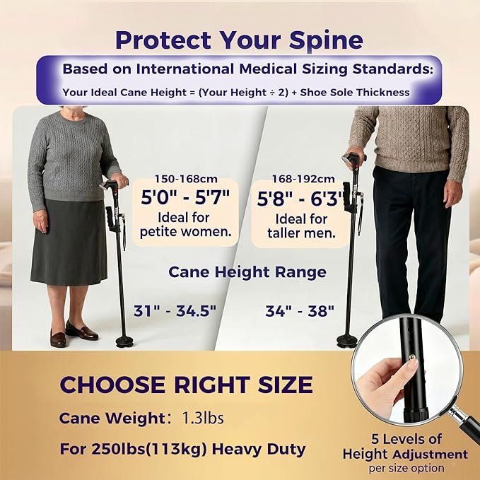 Walking Cane for Men & Women, 3-in-1 Folding Cane with Alarm and Light, Adjustable, Collapsible Walking Stick for Seniors Balance with a Second Handle