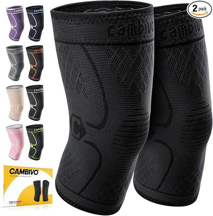 CAMBIVO 2 Pack Knee Braces for Knee Pain, Knee Compression Sleeve for Men and Women, Knee Support for Meniscus Tear, Running, Weightlifting, Workout, ACL, Arthritis, Joint Pain Relief (Black, XX-Large)