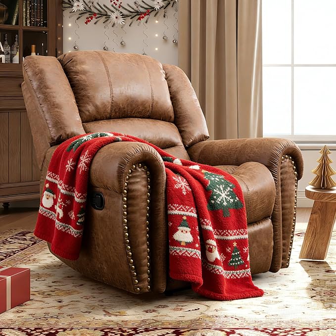 Leather Recliner Chair, Classic and Traditional Manual Recliner Chair with Comfortable Arms and Back Single Sofa for Living Room, Nut Brown