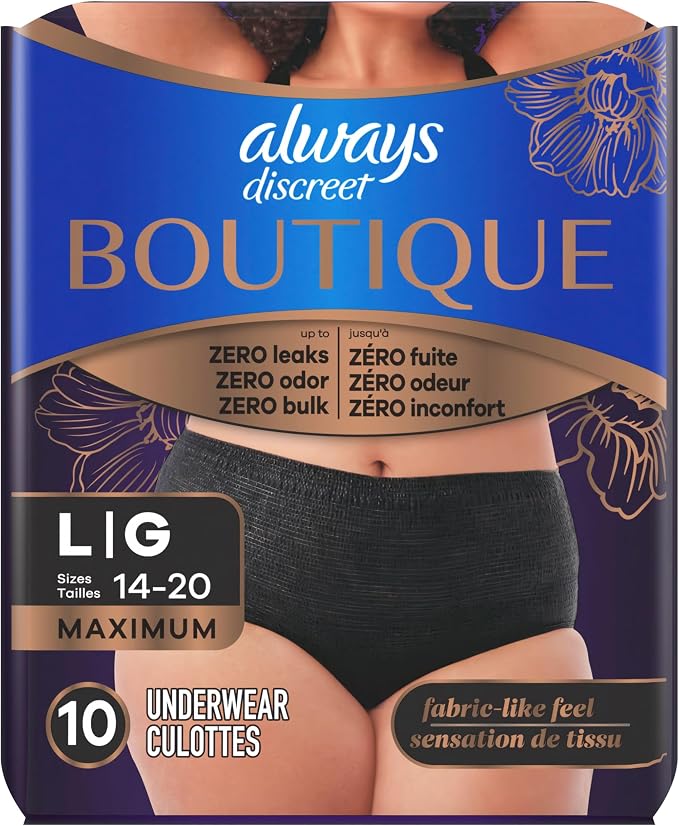 Always Discreet Boutique Incontinence and Postpartum Underwear for Women, Maximum Protection, Large, Black, 10 Count
