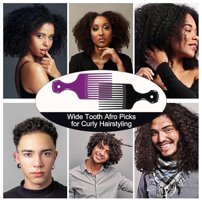 SIMPOR 2 Pcs Hair Pick Comb Wide Tooth Lift for Hair Styling Detangling, Plastic Afro Pick for Women Men, Fist Picks for Curly and Afro Hair (Purple, Black)
