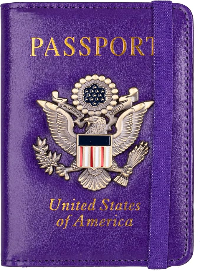 TOURSUIT RFID Blocking Passport Holder, Leather Travel Wallet, Purple | Travel Document Holder Cover Accessories, 3D Metal Badge, For Women Men