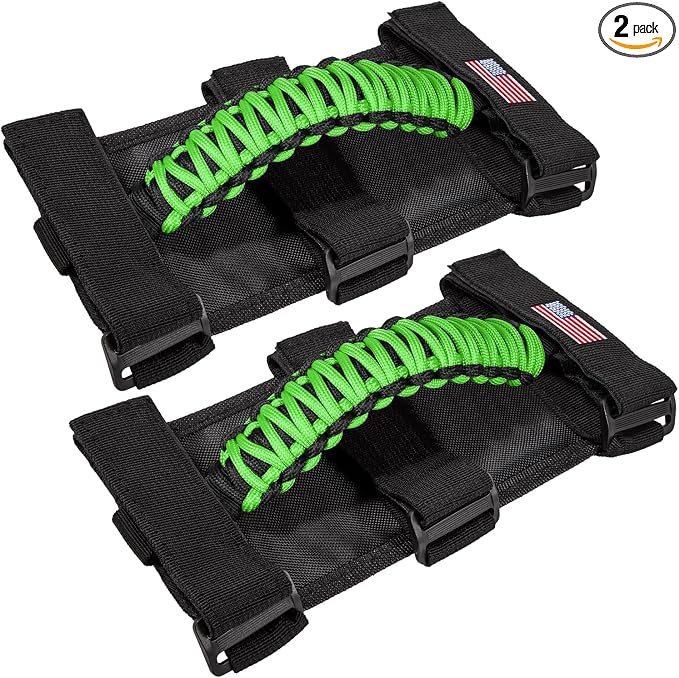 Roll Bar Grab Handles Grip Handle for Jeep Wrangler JK JKU JL JLU TJ YJ Sport Sahara Freedom Rubicon Unlimited Gladiator JT 1955-2023 UTV ATV Accessories Premium Paracord US Flag (Green 2 Pack)