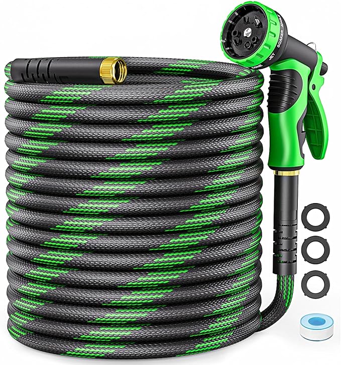 Non-Expandable Garden Hose 125 FT, Heavy-Duty & Flexible Water Hose with 10-Function Nozzle, Kink-Free & Leak-Proof Design, Ultra Lightweight Portable Yard Hose for Lawn, Car, Outdoor Use