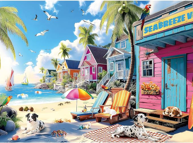 300 Piece Puzzles for Adults, 300 Piece Puzzles for Adults Large Piece, Summer Beach Dogs Trees Jigsaw Puzzle, Funny Gift for Adult Kids Senior Challenging Family Games Toy, 20.5 X 15 in