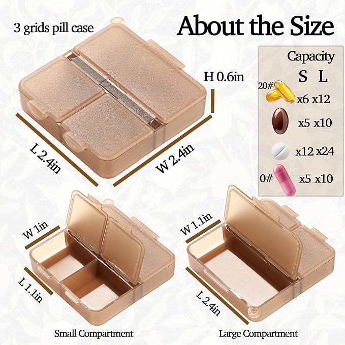 Small Travel Pill Case,6PCS Portable 3 Grids Pocket Pill Box,Mini Compact Pill Organizer for Daily Medicine,Gummy Vitamins, 3 Times Pill Container,2.4"x2.6" Brown,Yellow,Gray