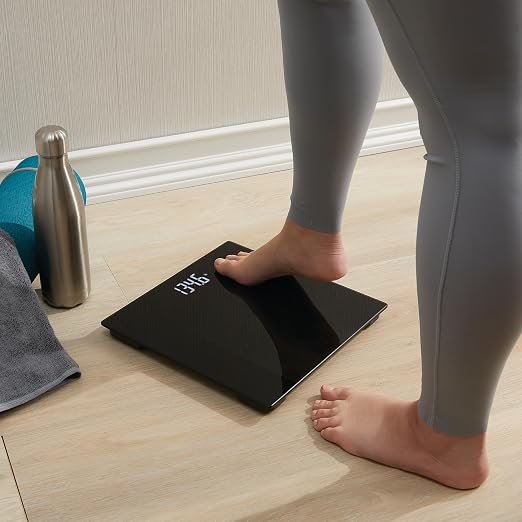 Taylor Digital Bathroom Scale for Body Weight, Smart Scale with Precision Hub App, 400 lb Capacity, 11 x 11 in Glass Platform, Tone on Tone Black