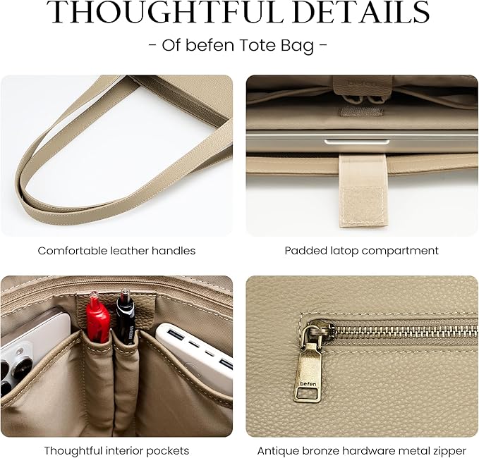 befen Genuine Leather Tote Bag for Women Work, Women's Leather Shoulder Bags Purses Satchel Handbags with Laptop Compartment