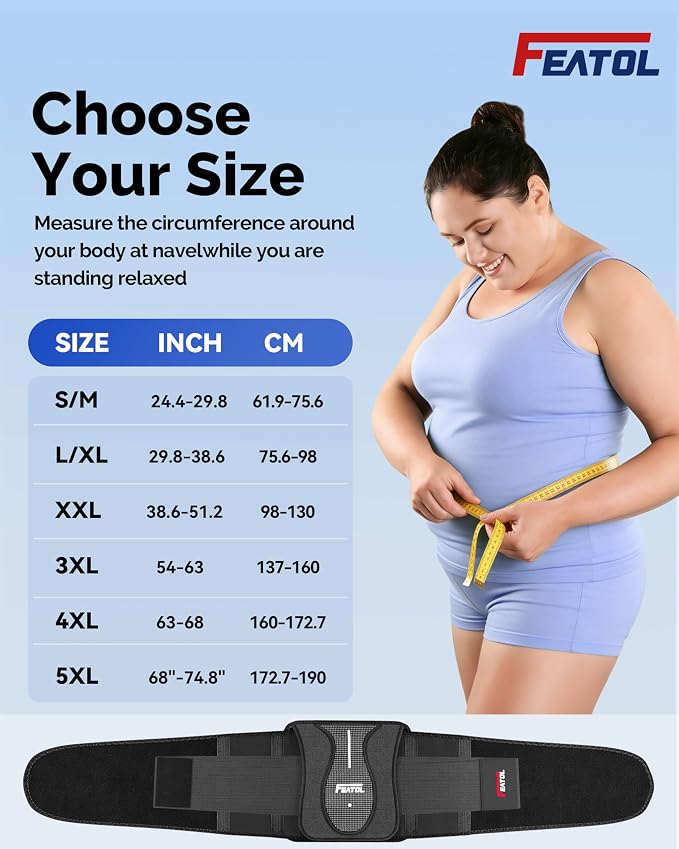 FEATOL Back Brace for Lower Back Pain Wide Coverage 360° Strong Lumbar Support with Removable Pad, Adjustable Waist Support Belt for Men Women, Size L/XL 29.8"-38.6"