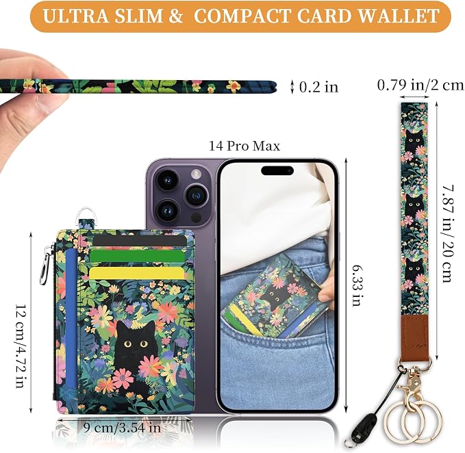 Hancynir Black Cat Slim Wallet Women Credit Card Holder Wristlet RFID Small | Cute Keychain Lanyard Wallet, Travel Zipper Coin Pocket, Ladies Gifts Women, Minimalist Card Case, 6 Card Slots, PU Leather
