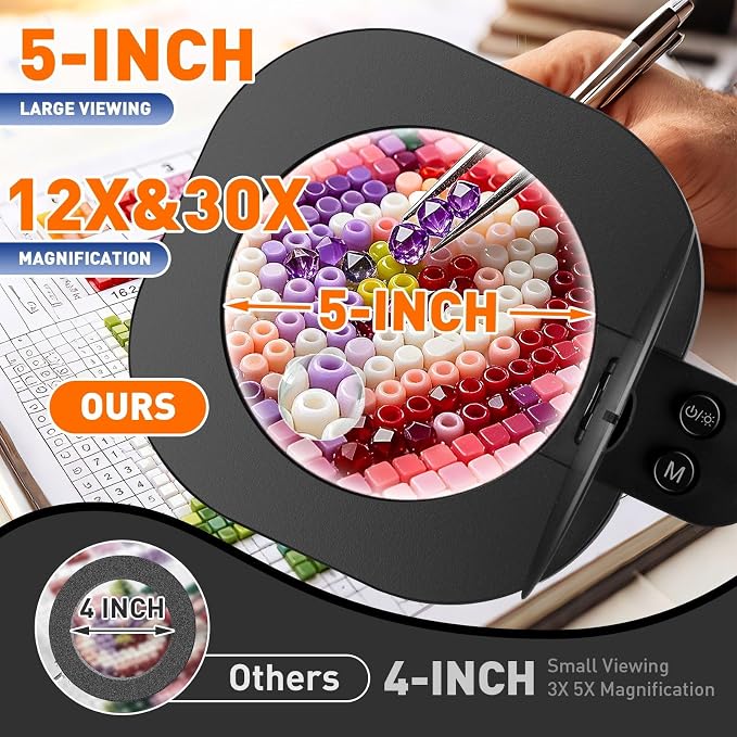 HITTI 30X 12X Long Magnifying Glass with Light and Clamp, 5-Inch Large Real Glass, 5 Color Modes, Stepless Dimmable, Hands Free LED Lighted Magnifier Stand for Workbench, Craft, Jewelry Making