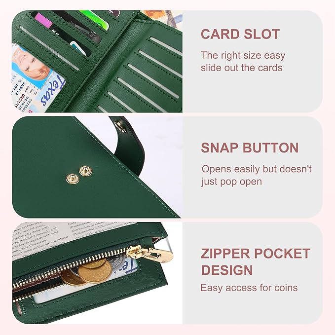 yiijay Womens Wallet RFID Blocking Leather Trifold Clutch Wallet Credit Card Holder Ladies Travel Wallet Purse with Passport/Pen Holder