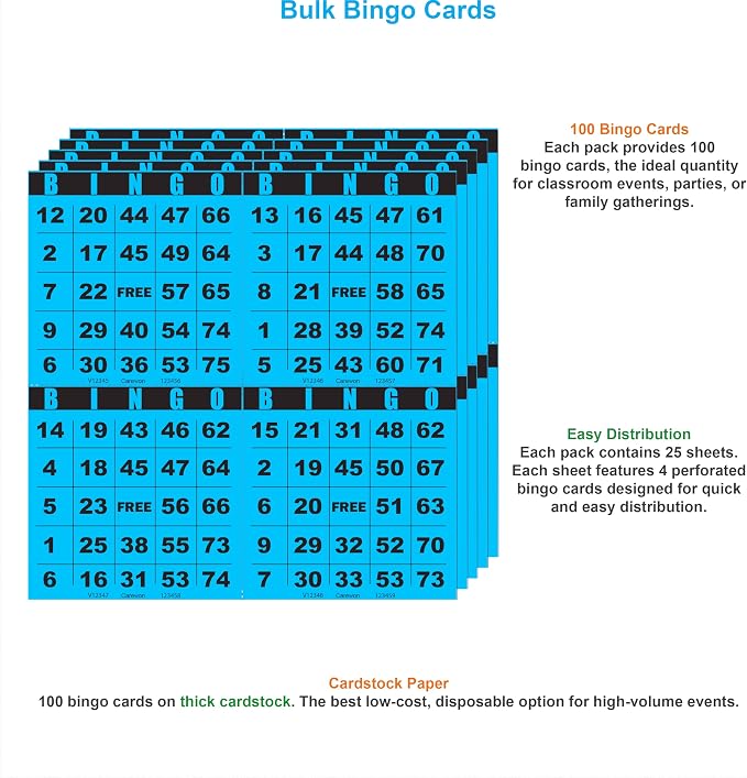 100 Bingo Cards, Large 4.5 x 4.5 Inch, Blue, Paper Bingo Sheets | 8 Color Options, Premium Cardstock, Disposable with Daubers or Reusable with Chips — Proudly Made in USA