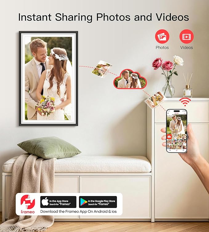 BIGASUO Digital Picture Frame Frameo 15.6" WiFi Electronic Photo Frames Large with 64GB Memory 1920x1080 IPS FHD Touch Screen Share Moments Instantly Anywhere Photo Gifts for Parents and Grandparents