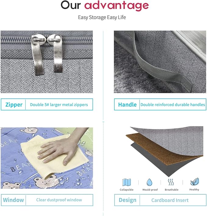Onlyeasy Breathable Under Bed Storage Bags with 4 Reinforced Handles and Sturdy Side Wall, 2 Pack Eco-friendly Underbed Clothing Blankets Organizer with 2 Strong Zippers, Herringbone Grey, MXRUBBSS2P