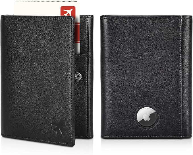 Polare Napa Leather Pilot Wallet Passport Holder RFID Blocking Tri-fold Travel Cover Document Organizer for Aviation Professionals (Black with AirTag Slot)